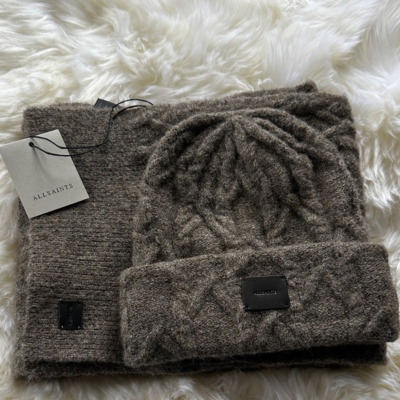 All Saints Accessories - AllSaints Brown Knit Beanie and Scarf Set